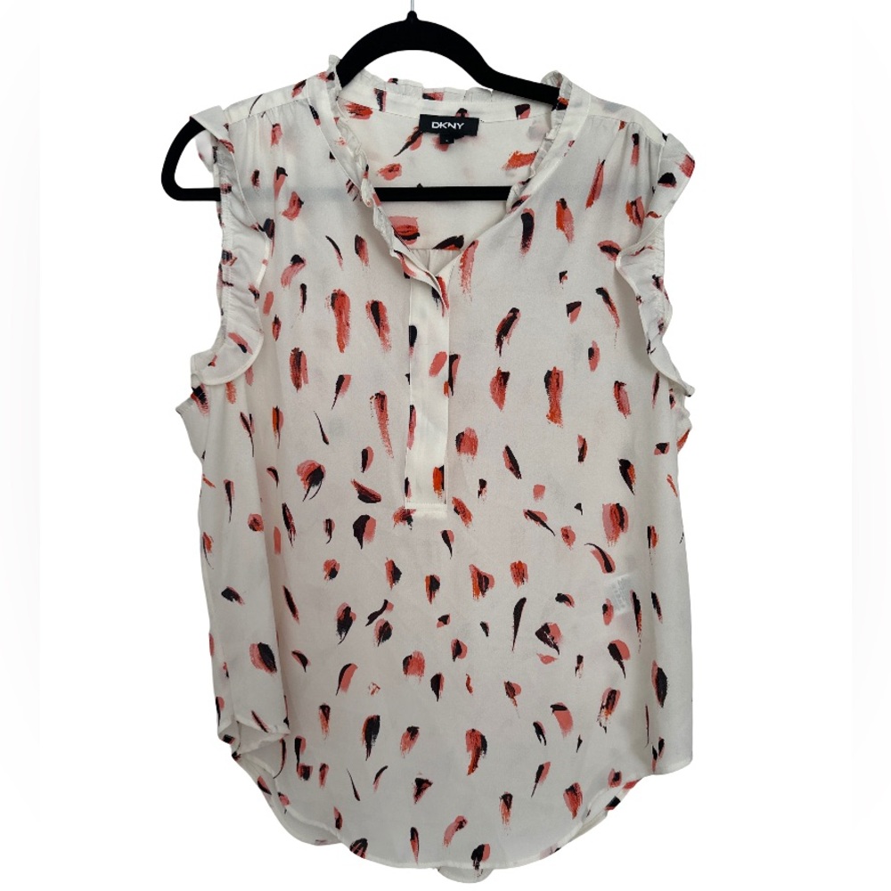 DKNY Women's Ruffle Blouse - White with Red and Black Accents